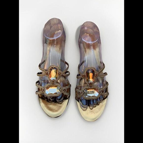 Nine West Size 8.5 Panacea Gold Heel Large Jewel 2" Sandal MSRP $98 Pump - Picture 1 of 9